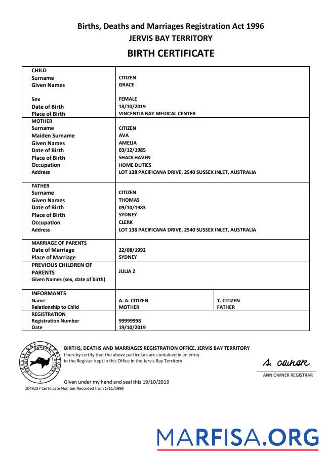 Realistic Australia Jervis Bay territory birth certificate template in Word and PDF format